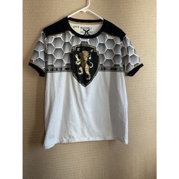 Bucheli Italian Print Shiny Gold Lion Chest Logo Short Sleev T-Shirt Men Size XL - Picture 10 of 11